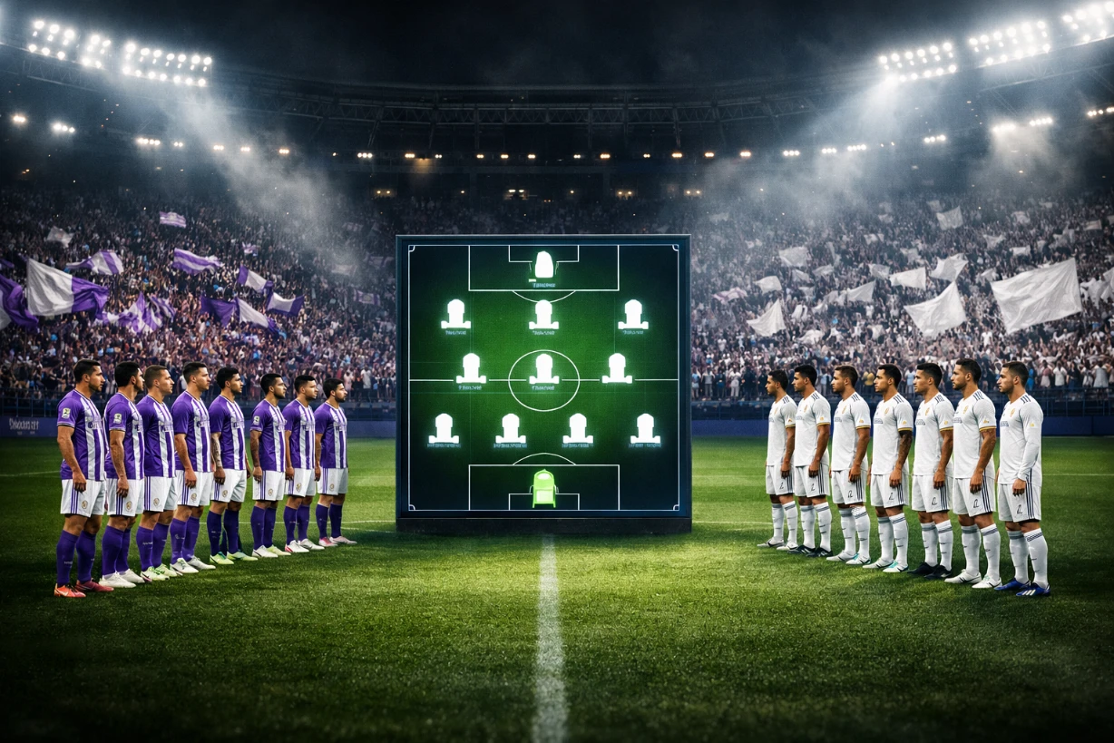 Real Valladolid und Real Madrid Spieler stehen im Stadion vor einer Taktiktafel mit Aufstellung.