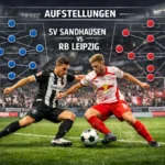 Zweikampf zwischen Spielern von SV Sandhausen und RB Leipzig im Stadion mit taktischer Aufstellungs-Grafik.