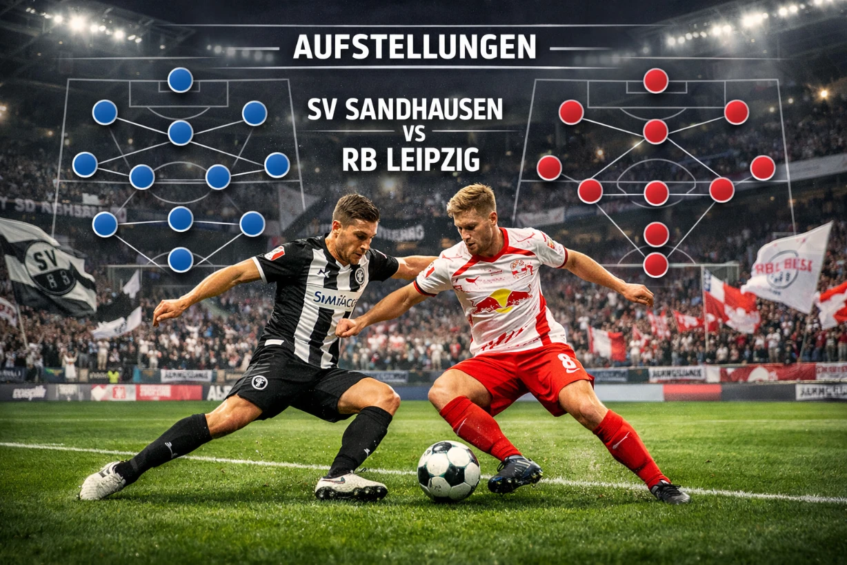 Zweikampf zwischen Spielern von SV Sandhausen und RB Leipzig im Stadion mit taktischer Aufstellungs-Grafik.
