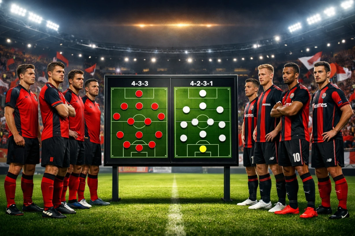 Zwei Fußballteams stehen sich im Stadion gegenüber, taktische Aufstellungstafel zeigt Formationen.