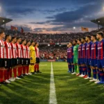 Zwei Fußballmannschaften, UD Barbastro und FC Barcelona, stehen vor dem Spiel auf dem Spielfeld.