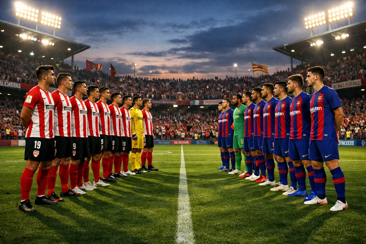 Zwei Fußballmannschaften, UD Barbastro und FC Barcelona, stehen vor dem Spiel auf dem Spielfeld.