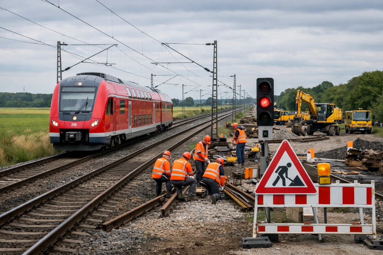Regionalzug der Deutschen Bahn neben Bauarbeiten auf der Bahnstrecke Hannover–Minden mit Gleisarbeitern.