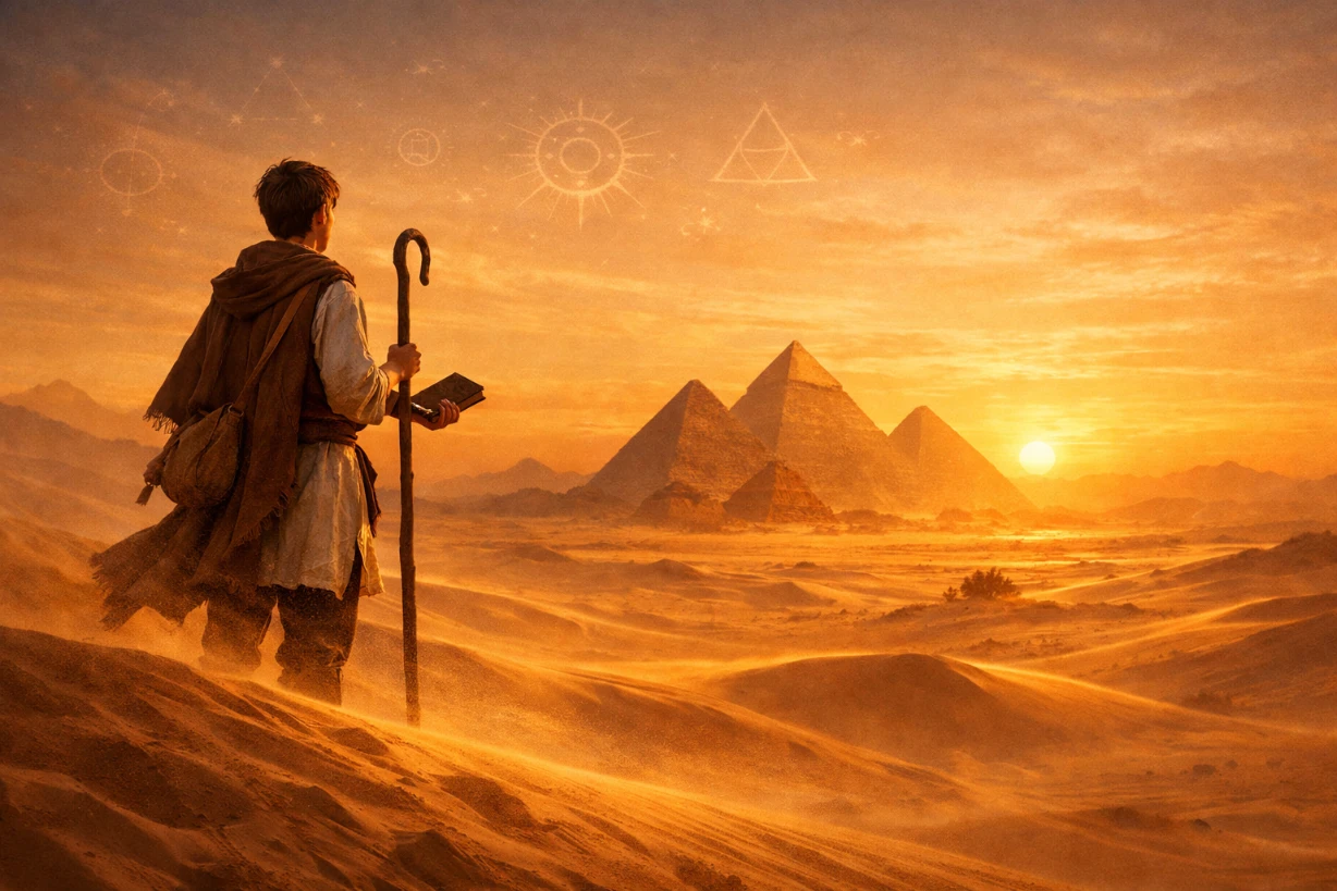 Ein junger Hirte steht in der Wüste und blickt bei Sonnenuntergang auf ferne Pyramiden – Symbol für Träume und Bestimmung.