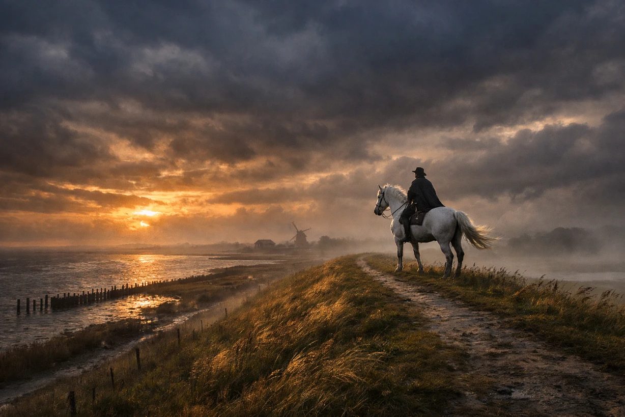 Ein einsamer Reiter auf einem weißen Pferd reitet bei Sonnenuntergang über einen nebligen Deich.