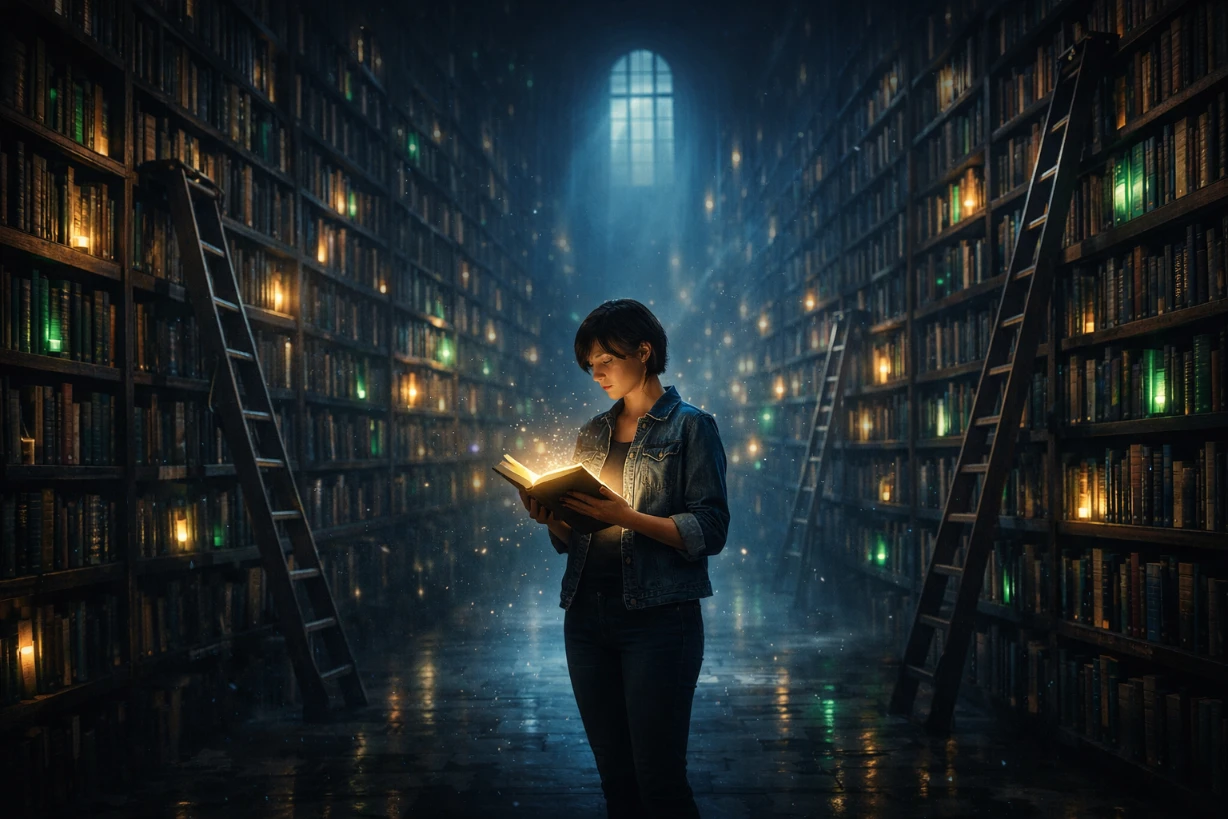 Frau liest ein leuchtendes Buch in einer geheimnisvollen Mitternachtsbibliothek voller endloser Regale.