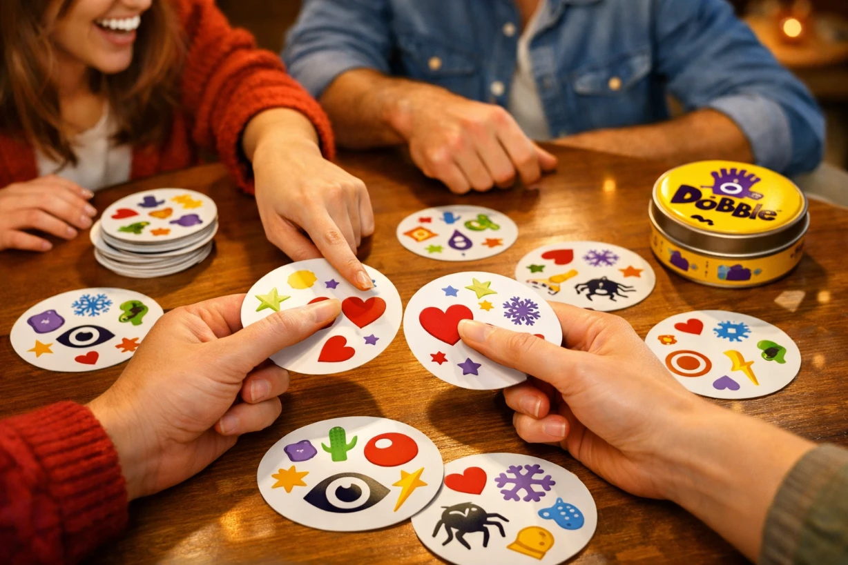 Freunde spielen Dobble am Tisch und zeigen lachend auf gleiche Symbole auf bunten Spielkarten.