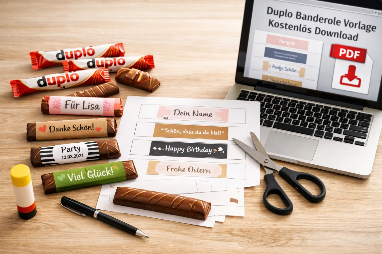 Duplo-Riegel mit personalisierten Banderolen, Vorlage zum Ausschneiden, Schere und Laptop mit PDF-Download.