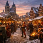 Esslinger Mittelalter-Weihnachtsmarkt mit festlich beleuchteten Ständen und Menschen in Kostümen.