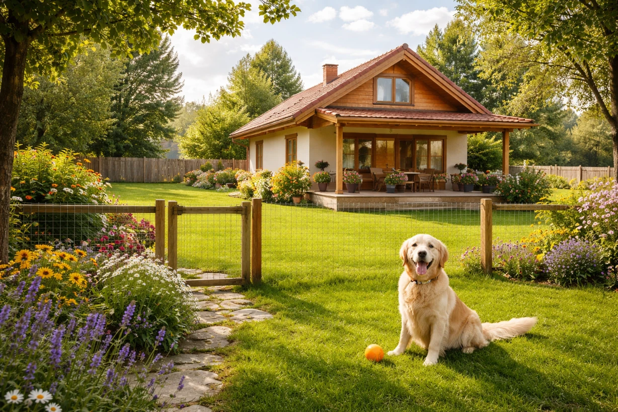 Ferienhaus mit eingezäuntem Garten, glücklicher Hund spielt auf grüner Wiese bei sonnigem Wetter.