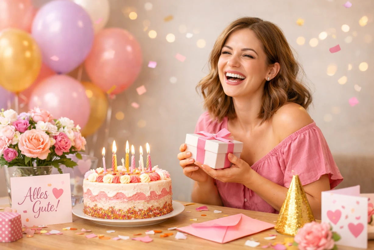 Fröhliche Frau feiert Geburtstag mit Kuchen, Geschenken, Ballons und bunter Partydekoration.