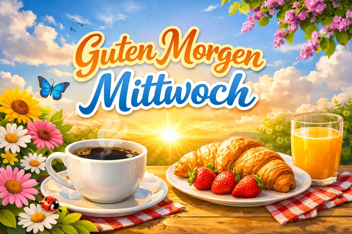 Guten Morgen Mittwoch Bild mit Kaffee, Croissant, Erdbeeren, Saft, Blumen und sonnigem Himmel.