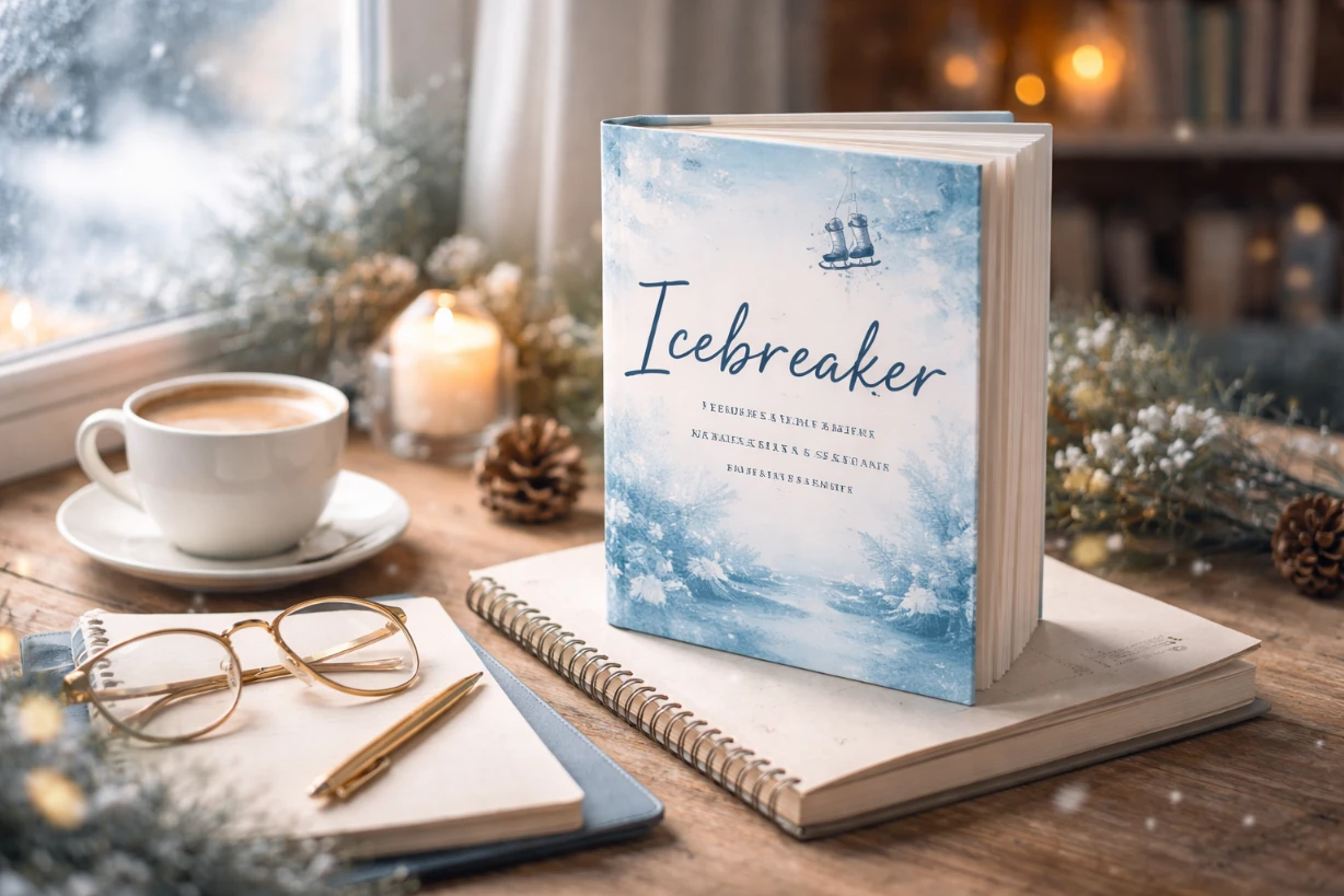 Offenes Buch auf Schreibtisch, warmes Licht, Kaffee, winterliche Stimmung, gemütlich.