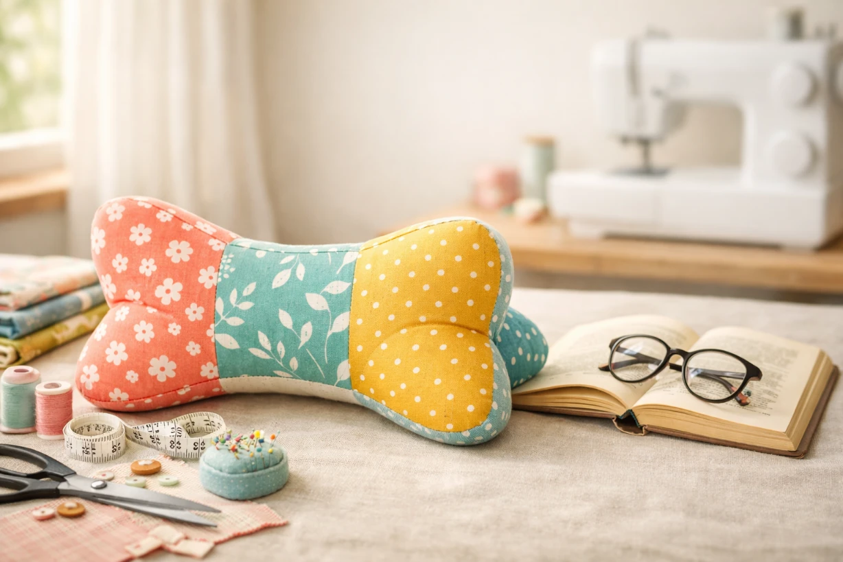 Handgenähtes Leseknochen-Kissen neben Buch und Nähzubehör auf hellem Stoff in gemütlicher DIY-Szene.