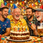 Vier Männer feiern lachend Geburtstag mit Kuchen, Kerzen, Bier und bunten Partyhüten. im Raum rot.