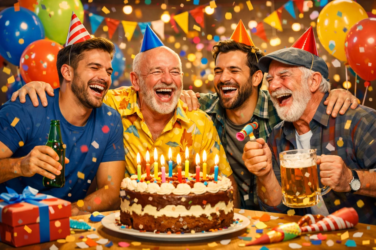 Vier Männer feiern lachend Geburtstag mit Kuchen, Kerzen, Bier und bunten Partyhüten. im Raum rot.
