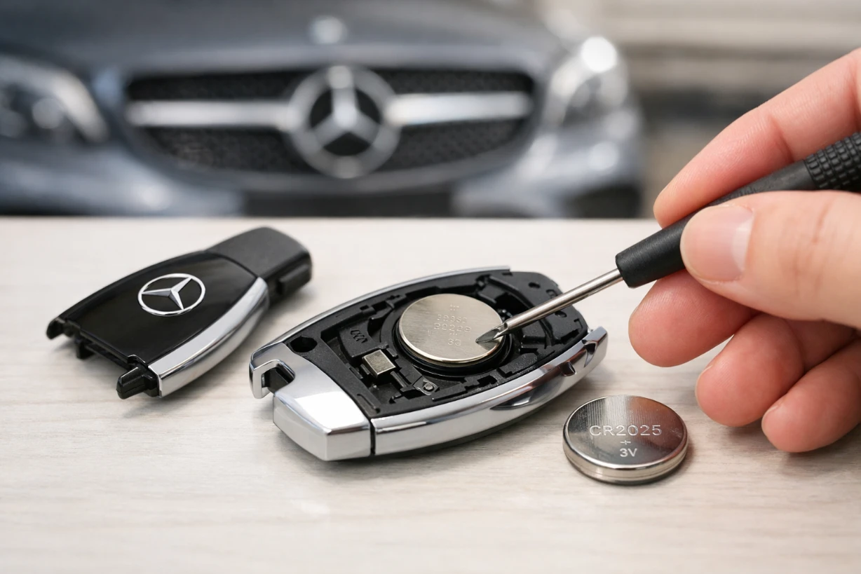 Geöffneter Mercedes Autoschlüssel beim Batteriewechsel mit Knopfzelle und Werkzeug auf Tisch.
