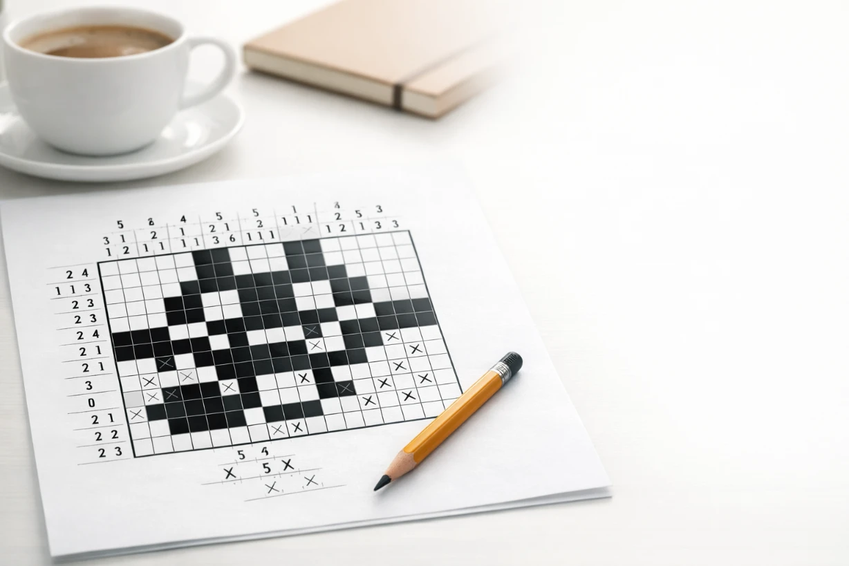 Teilweise gelöstes Nonogramm-Rätsel auf Papier mit Bleistift auf hellem Schreibtisch neben Kaffee.
