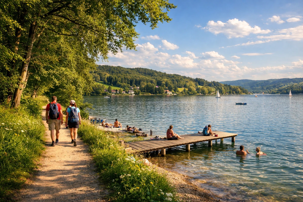 Wanderweg am Ufer des Pilsensee mit Badeplatz, Steg und Segelbooten an einem sonnigen Sommertag.