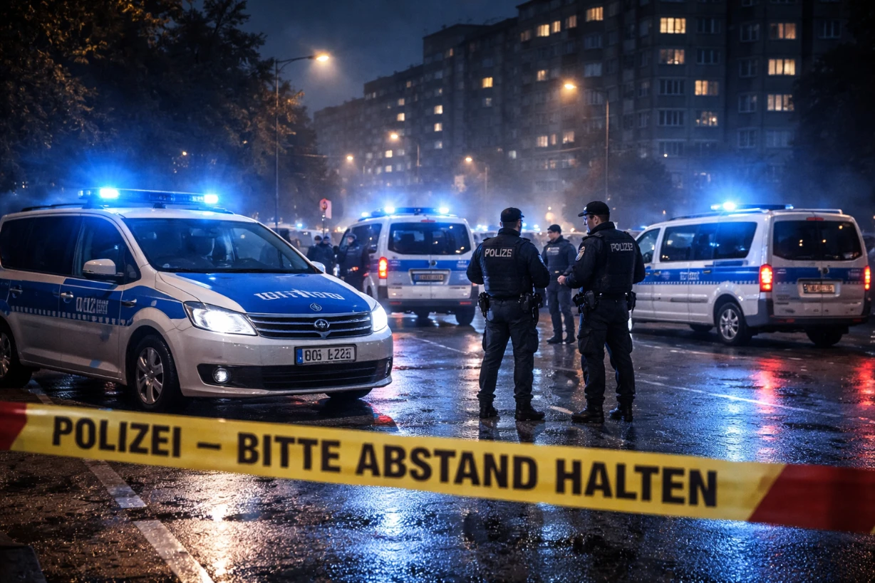 Polizeieinsatz in Berlin-Lichtenberg mit Streifenwagen, Blaulicht und Absperrband bei Abenddämmerung.