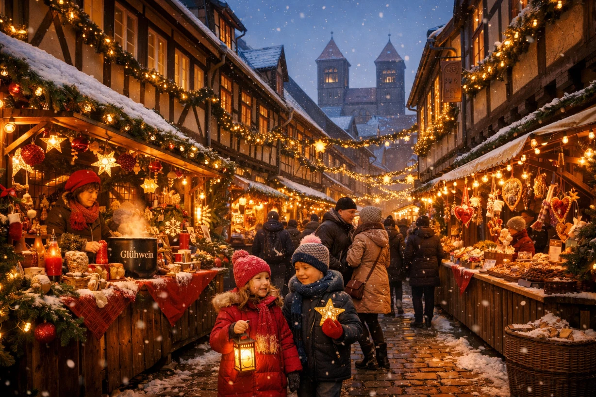 Verschneiter Weihnachtsmarkt in Quedlinburg mit Lichtern, Ständen und zwei Kindern mit Laterne.