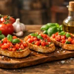 Bruschetta mit Tomaten, Basilikum und Olivenöl auf geröstetem Brot auf rustikalem Holztisch angerichtet.