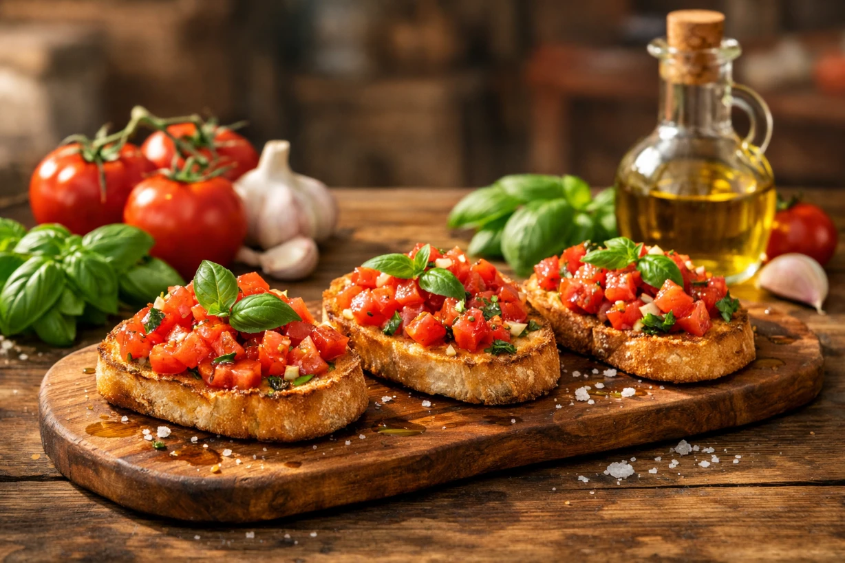 Bruschetta mit Tomaten, Basilikum und Olivenöl auf geröstetem Brot auf rustikalem Holztisch angerichtet.