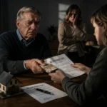 Älterer Mann übergibt Geld und Dokumente an Tochter während Konflikt im Hintergrund sichtbar klar.