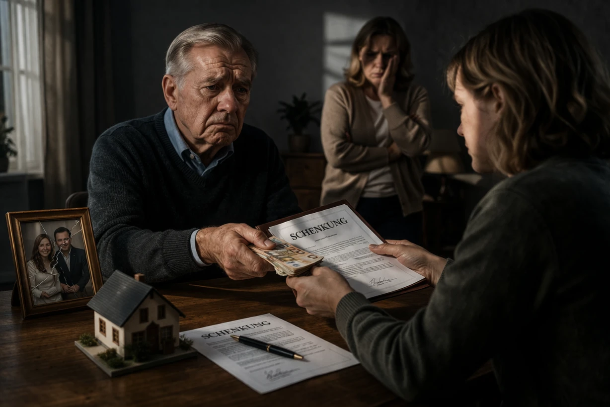 Älterer Mann übergibt Geld und Dokumente an Tochter während Konflikt im Hintergrund sichtbar klar.