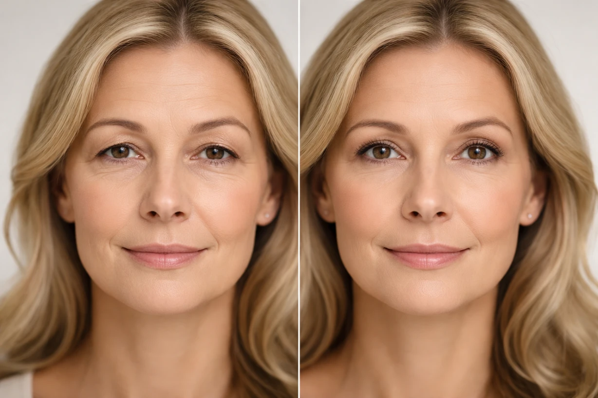 Vorher-Nachher-Vergleich einer Lidstraffung mit sichtbar gestrafften, wachen Augenpartien.