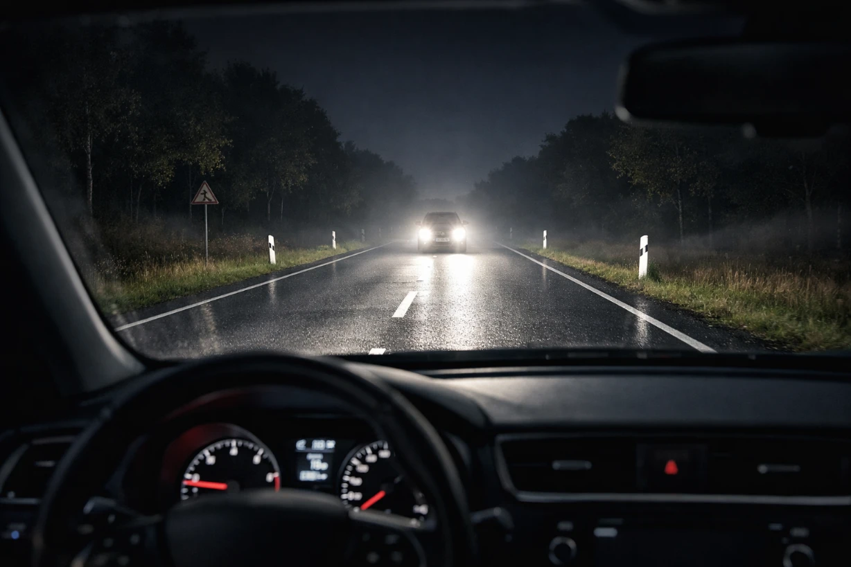 Auto fährt nachts mit Fernlicht auf dunkler Landstraße, entgegenkommendes Fahrzeug zwingt zum Abblenden.