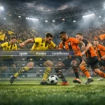 Fußballszene im Stadion: Spieler in Gelb-Schwarz gegen Orange-Schwarz, mit eingeblendeter Tabelle und Spielstatistik.