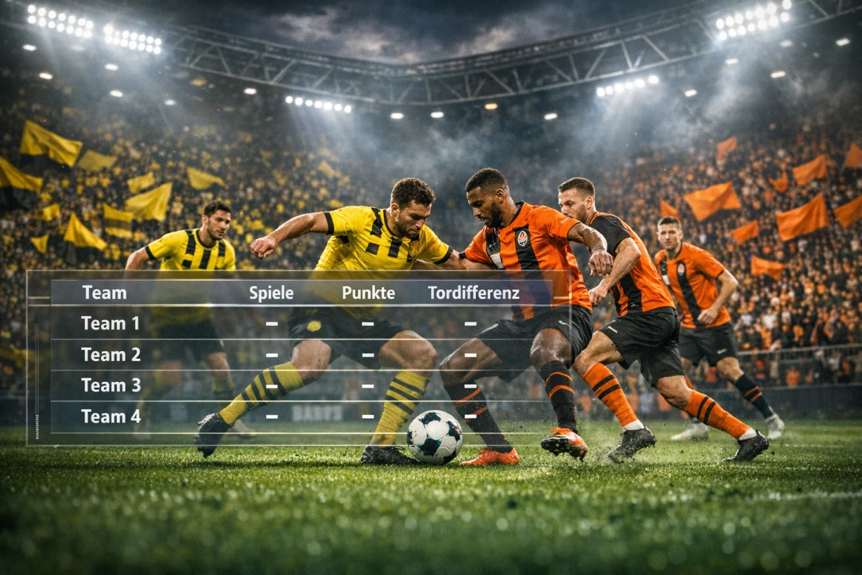 Fußballszene im Stadion: Spieler in Gelb-Schwarz gegen Orange-Schwarz, mit eingeblendeter Tabelle und Spielstatistik.