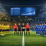 Borussia Dortmund und Ulsan HD FC stehen vor Anpfiff im Flutlichtstadion, Fans füllen die Tribünen.