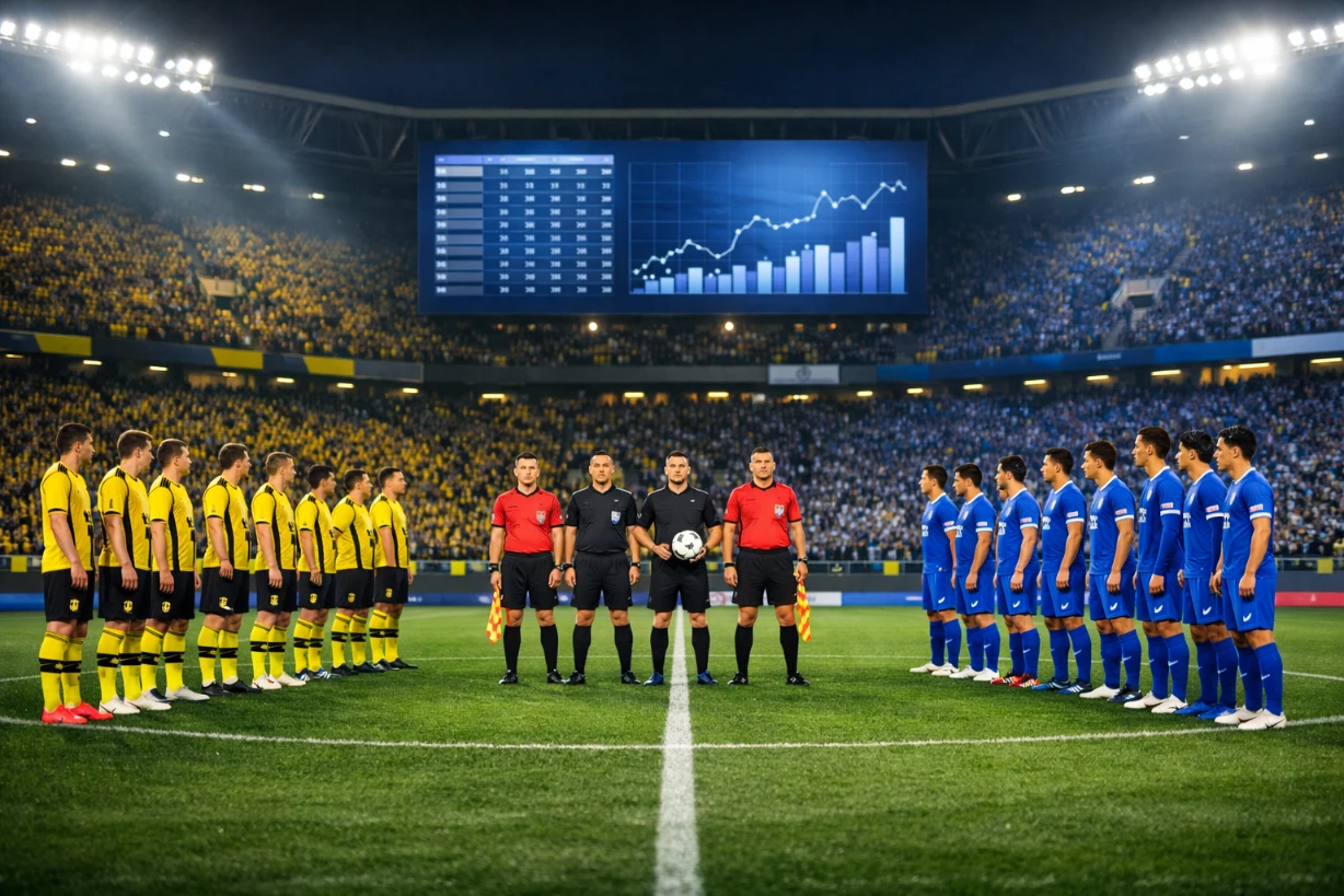 Borussia Dortmund und Ulsan HD FC stehen vor Anpfiff im Flutlichtstadion, Fans füllen die Tribünen.
