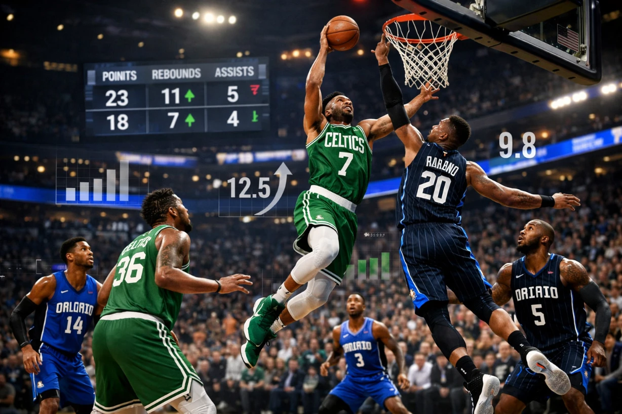 Boston Celtics Spieler dunkt gegen Orlando Magic Verteidiger vor jubelndem Publikum im NBA-Spiel.