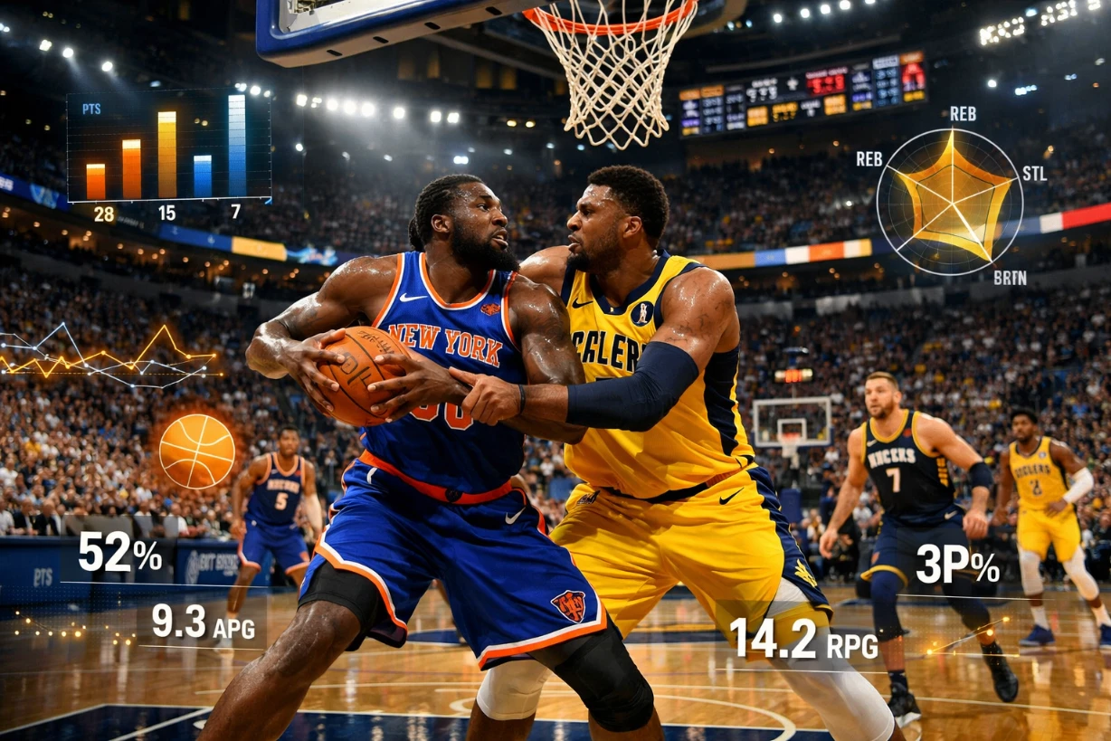 Intensive Szene eines Basketballspiels zwischen New York Knicks und Indiana Pacers im vollen Stadion.