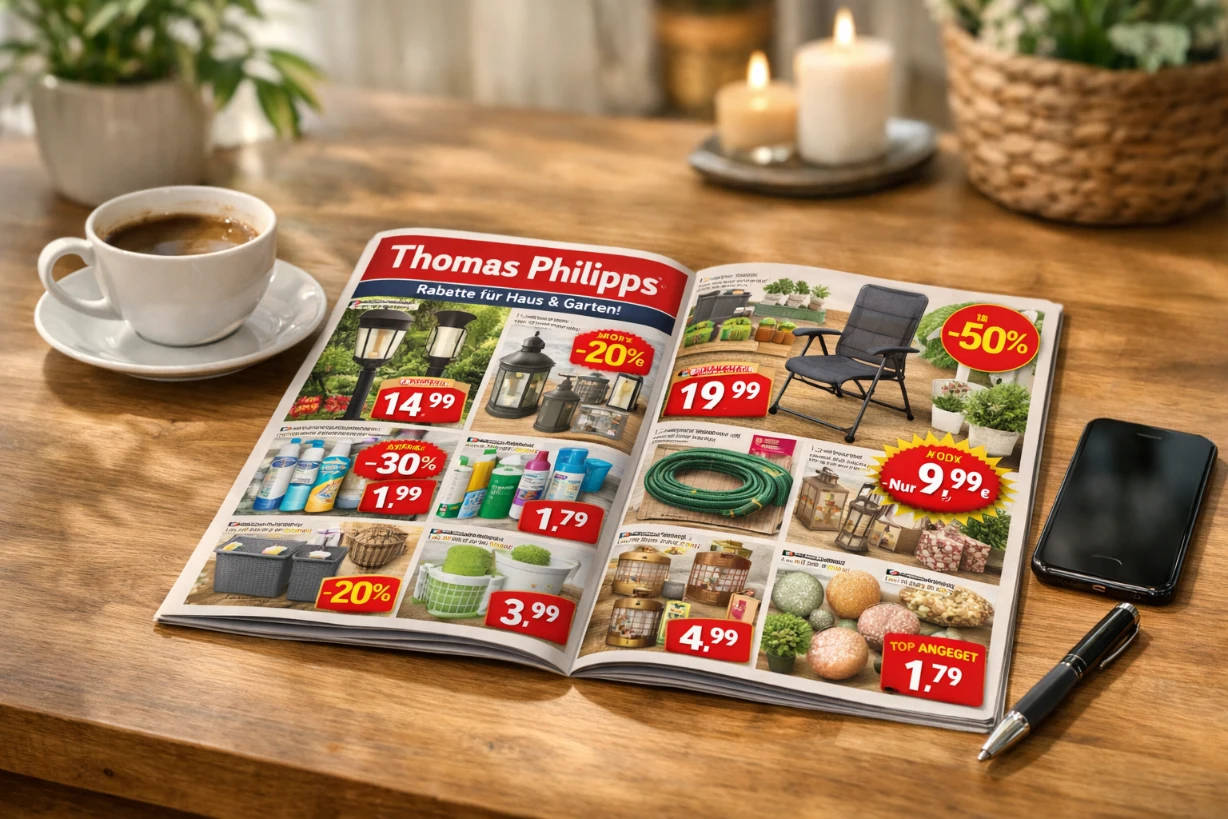 Aufgeschlagener Prospekt auf Tisch mit Kaffee, Smartphone und gemütlicher Wohnatmosphäre im Hintergrund.