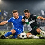 Zweikampf zwischen Atlas Delmenhorst und Borussia Mönchengladbach im Flutlichtspiel vor Fans im Stadion.