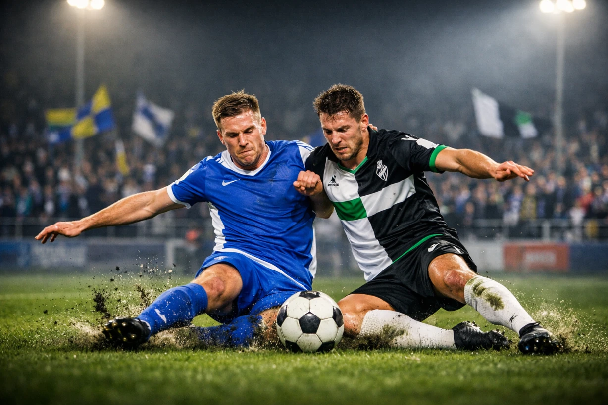 Zweikampf zwischen Atlas Delmenhorst und Borussia Mönchengladbach im Flutlichtspiel vor Fans im Stadion.