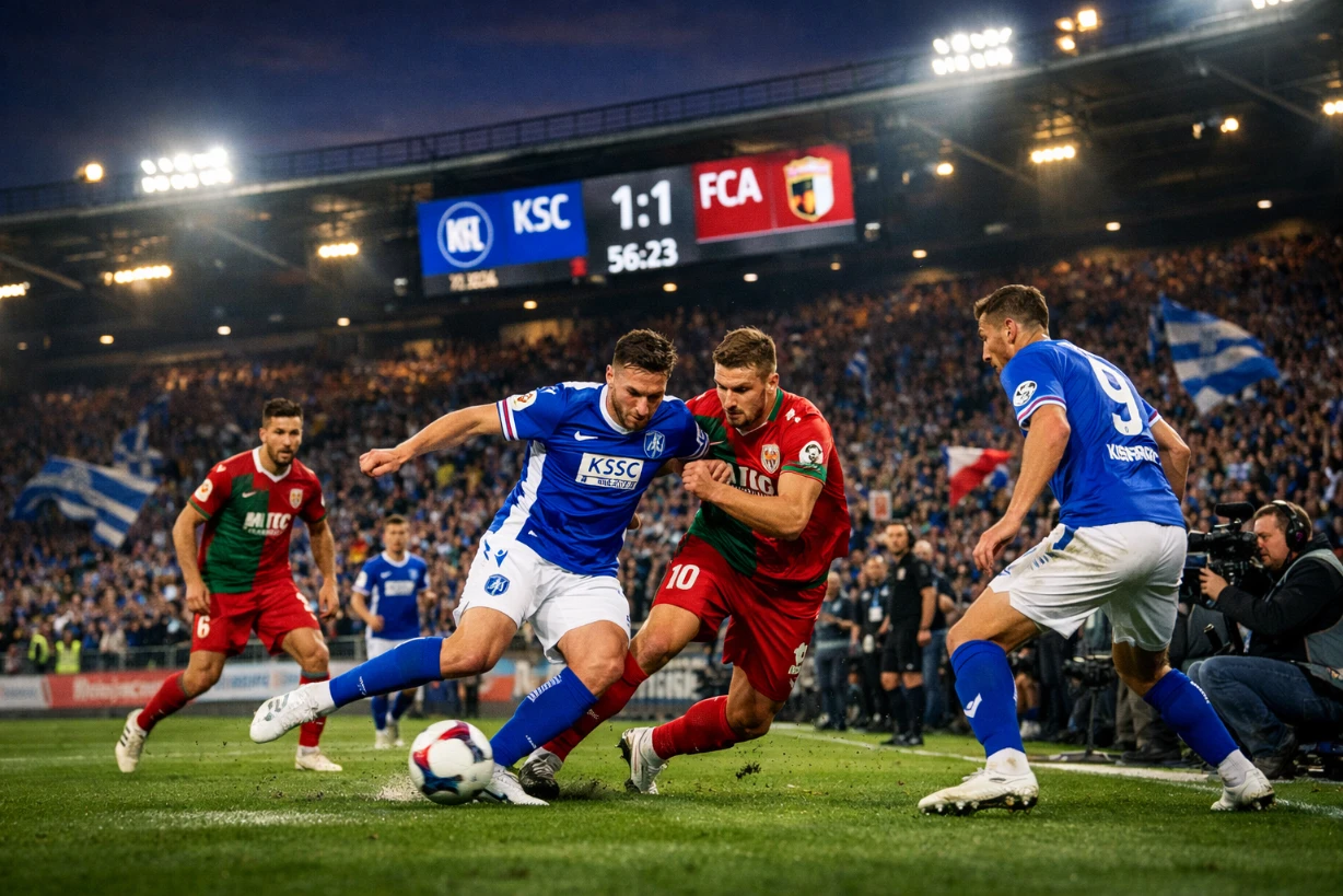 Dramatische Spielszenen zwischen KSC und FC Augsburg im Flutlichtstadion mit jubelnden Fans.