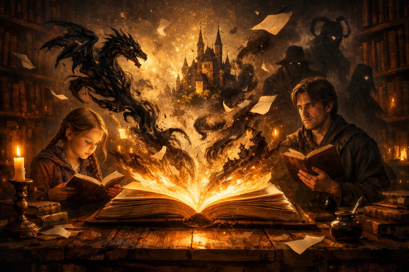 Magisches Buch, aus dem Figuren, Tinte und Fantasiewelten in einer geheimnisvollen Bibliothek entstehen.