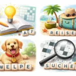 Vier Bilder zeigen Lernen, Reisen, Welpen und Wortsuche als kreative Rätselhinweise. für ein Spiel ok.