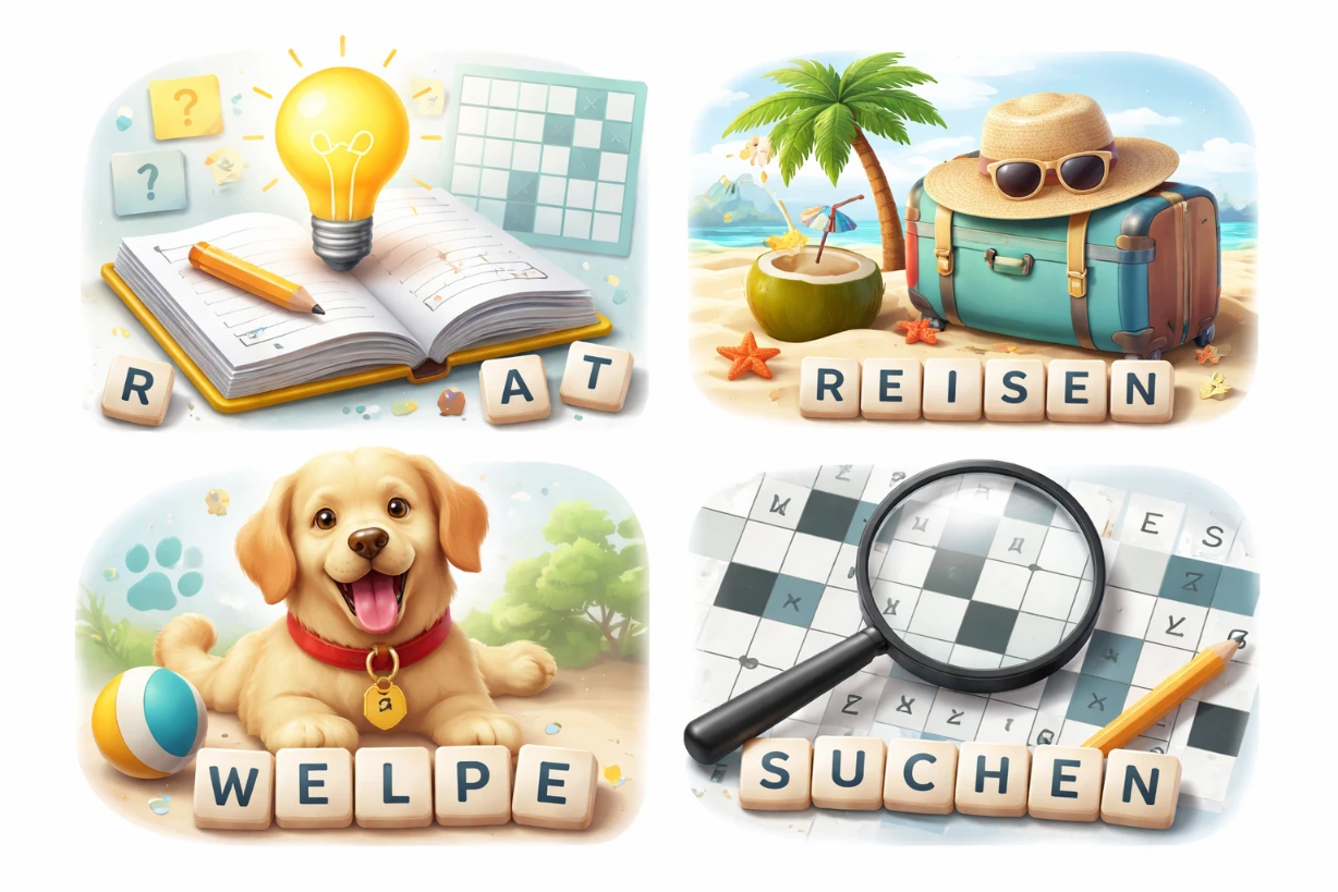 Vier Bilder zeigen Lernen, Reisen, Welpen und Wortsuche als kreative Rätselhinweise. für ein Spiel ok.