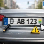 Unscharfes Autokennzeichen am Heck eines Autos mit Symbolen für digitale Bearbeitung und Warnhinweis.