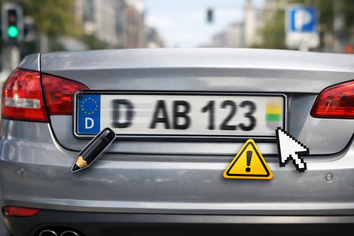 Unscharfes Autokennzeichen am Heck eines Autos mit Symbolen für digitale Bearbeitung und Warnhinweis.