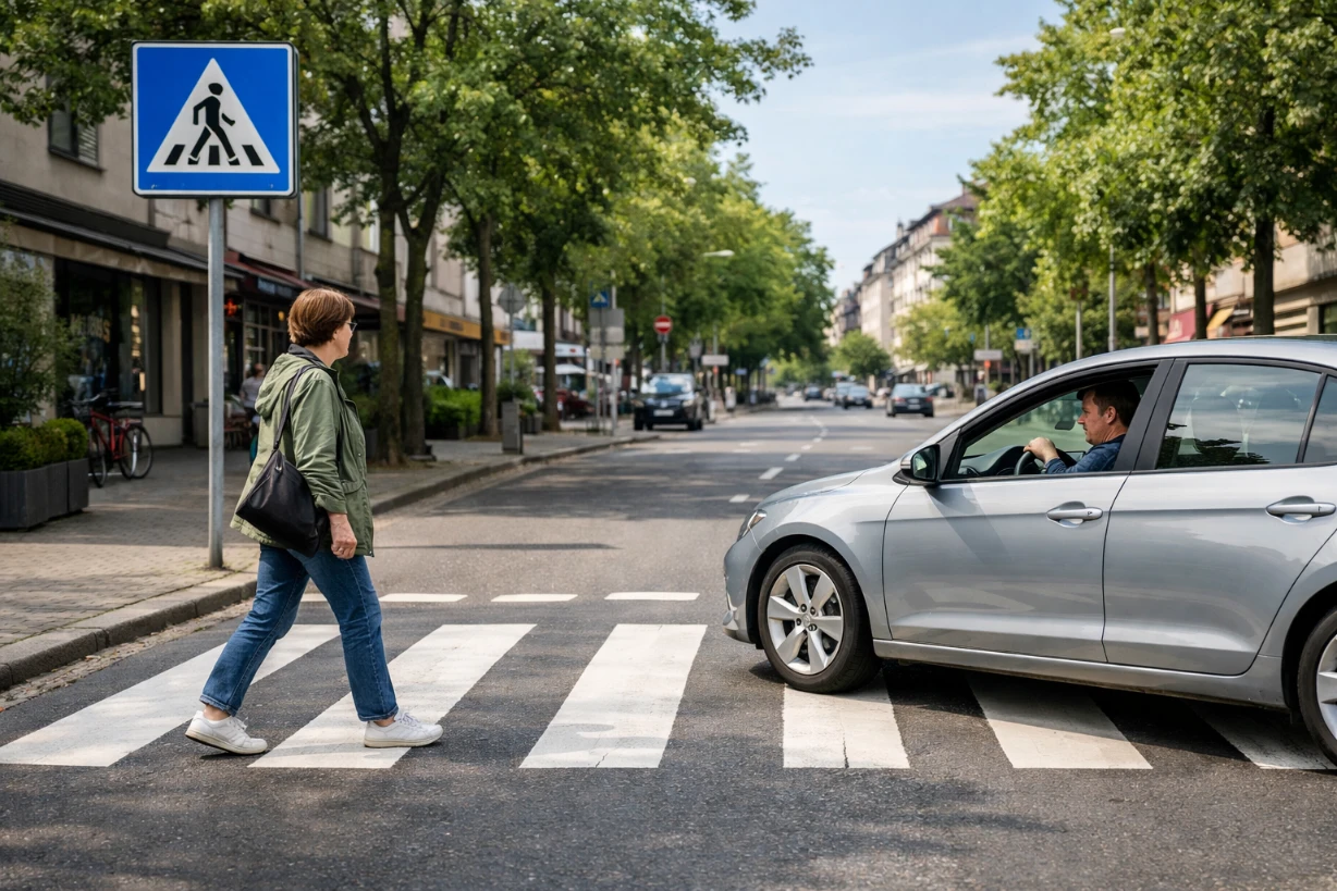 Auto hält an Zebrastreifen, während eine Fußgängerin die Straße auf einem deutschen Fußgängerüberweg überquert.