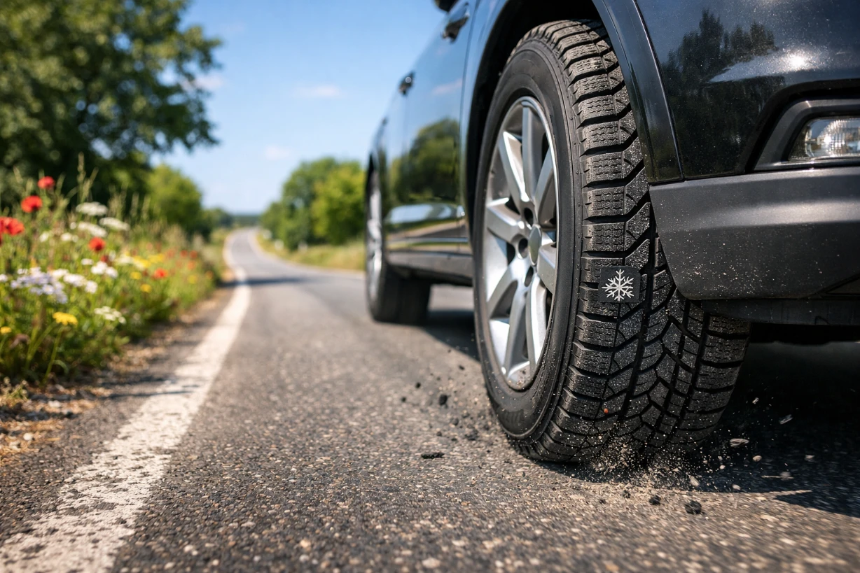 Nahaufnahme eines Autos mit Winterreifen auf sonniger Sommerstraße, Fokus auf Vorderreifen.