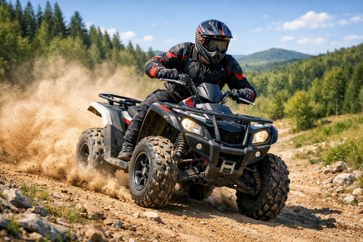 Ein Quad-Fahrer fährt über staubiges Gelände, umgeben von grünen Wäldern und Hügeln im Hintergrund.