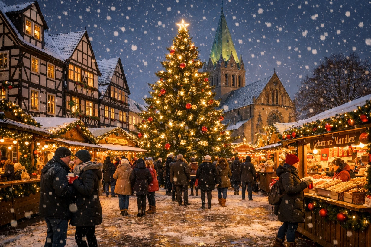 Belebter Weihnachtsmarkt in Soest mit Lichterketten, festlichen Ständen, Besuchern und großer Tanne im Schnee.